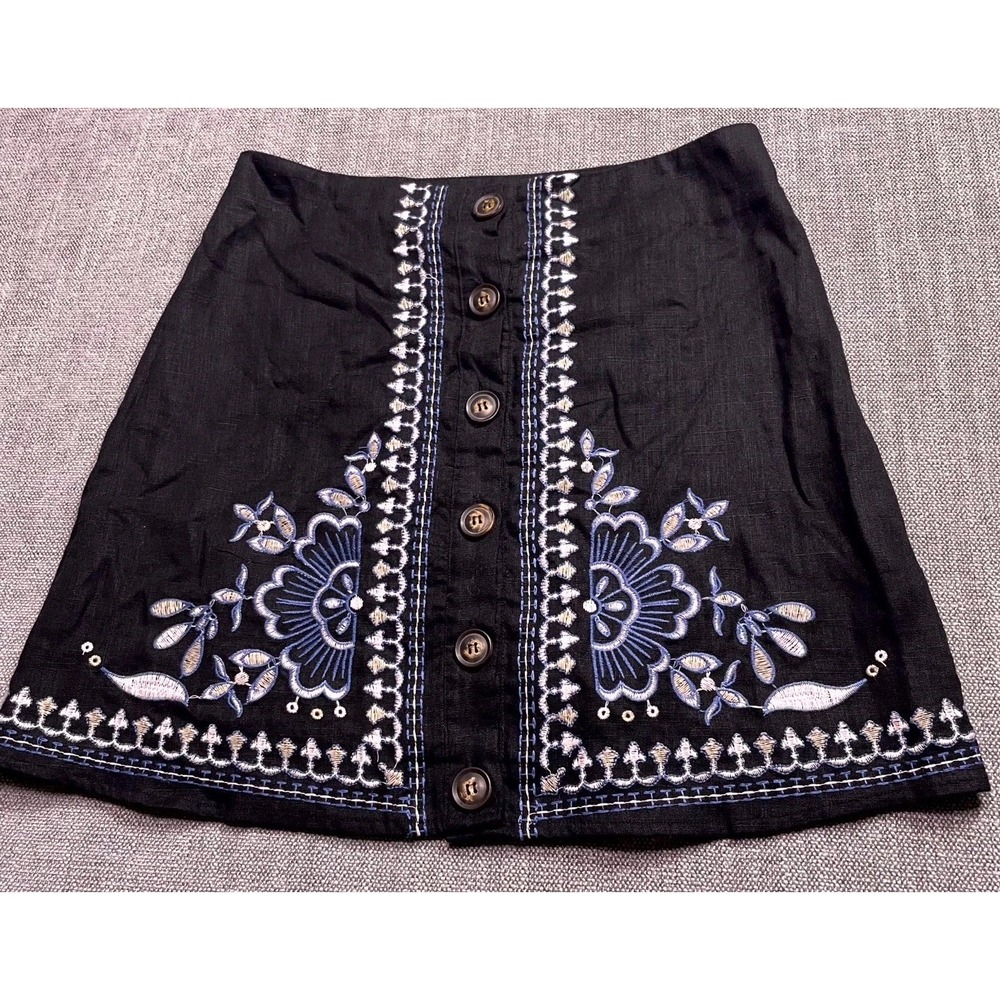 Francesca's Mi Ami Mini Skirt Womens Small Black Linen Embroidered Floral Boho